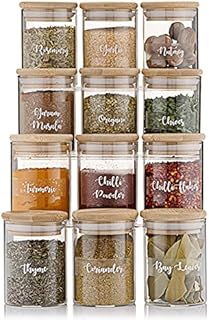 Glass Storage Jars with Bamboo Wood Lids 150ml Set of 12 with 'Mrs Hinch' Style Cursive Font Labels. Ideal for Dried Herbs, Spices and Seasonings, Seeds, Nuts and Baking Ingredients etc.