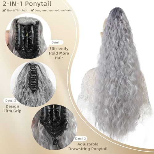Image of Claw Clip Ponytail Extension 30In Long Wavy Curly Hair,Ligth Grey
