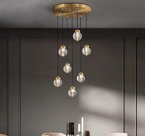 ASerZenith Led Home Decor Chandelier Modern All Copper Glass Pendant Lamp Luxury Dining Room Bedroom Living Ceiling Lightin,Hanging Light,7 Heads-Dimming