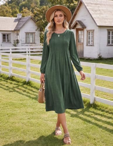 Image of Zeagoo Fall Dresses for Women Long Sleeve Midi Dress Casual A Line Dresses 2026 Pleated Flare Dress with Pockets