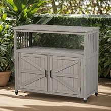 Rustic Farmhouse Wooden Outdoor Storage Cabinet with Barn Door Design - 42" Grey Patio Console Table with Open Shelf for Backyard, Deck & Indoor Use