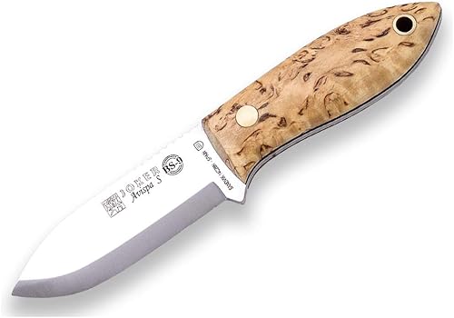 Joker Bushcraft Avispa S CL121, mango de madera de abedul rizado, hoja de 3.15 pulgadas con agarre de columna vertebral, incluye funda de cuero