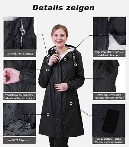 Peter Patter Damen Regenjacke Regenmantel Softshelljacke Friesennerz Parka PU Windbreaker mit Kapuze,schwarz, L