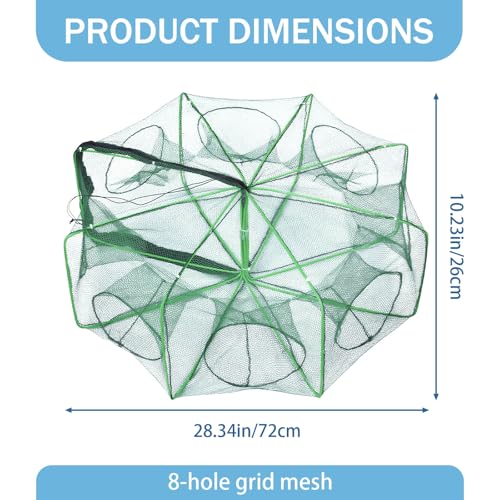 28.3 x 10.2 Inch Professional Grade Foldable Fishing Trap, Green Square Crab Traps for Crabbing with Zipper & 8 Holes, Reusable Portable Fishing Cast Net for Crawfish Shrimp Eels