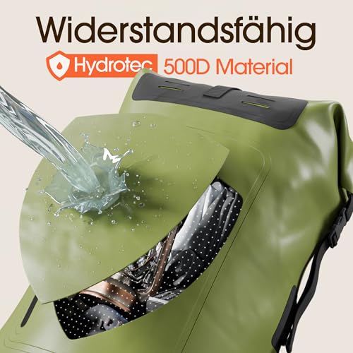 Foto von Earth Pak Summit Serie wasserdichter Rucksack, Backpack mit leistungsstarkem Reißverschluss und Rolltop, wasserfester Handyhülle Grün 55L