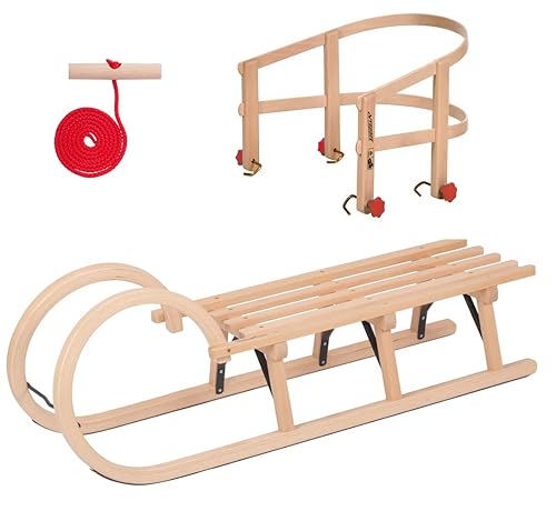 Holzschlitten 110cm Schneeschlitten Schlitten Rückenlehne Zugseil Rückenlehne (Hörnerschlitten 110 cm