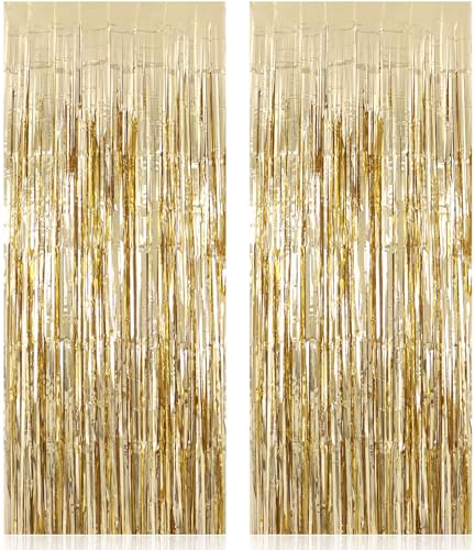 Image of 2 Pack Fringe Curtains Backdrops, Foil Fringe Curtains, Door Streamers for Birthday Wedding Bridal Shower Holiday Graduation Party Decorations, Photo Booth Backdrops, Champagne