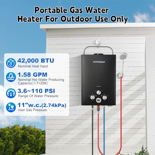 Syfuulv Propane Water Heater Tankless, 1.58GPM 6L Outdoor Portable Propane Gas Instant Hot water heater On Demand, 41,000 BTU, Overheating Protection, Camping, RV, Cabin, Barn, Black by syfuulv - Used condition - Image 2