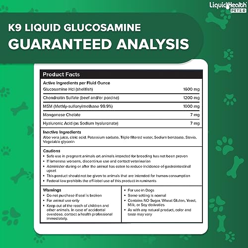 LIQUIDHEALTH Pets K9 Liquid Glucosamine for Dogs, Puppies, Senior Canines with Chondroitin, MSM, Hyaluronic Acid - Dog Vitamins for Hip & Joint Health, Dog Joint Oil, Joint Juice - Made in USA (32 oz)