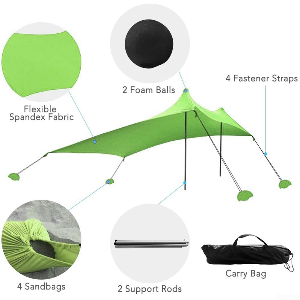 DAZZLEEX Tenda da spiaggia, 210 x 170 cm, tenda parasole con ancore a sacco di sabbia, tenda parasole per spiaggia, escursionismo, campeggio ()