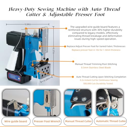 Image of Cordless Bag Sewing Machine |PortableIndustrial Bag Closer |2-Second Fast Sealingfor Woven PP /Canvas /Jute Bags |Factory &Farm Bag Stitcher (Blue, Lithium Battery-36VDC)