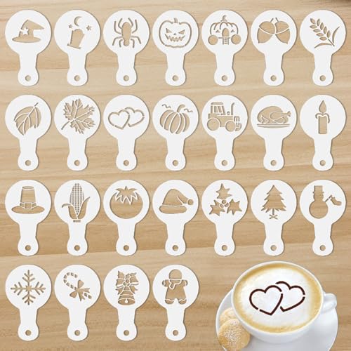25 plantillas para decoración de café, plantillas para café de Acción de Gracias, modelo de impresión con forma de capuchino, plantillas reutilizables, plantillas para decoración de pasteles y café