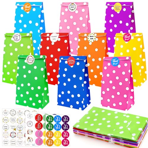 rokrist Bolsas de Regalo de Colores Cumpleaños Infantil, 50 Piezas Bolsas de Papel Kraft, Bolsas Dulces con 66 Pegatinas para Fiestas de Navidad, Bodas, Cumpleaños, Chuches, Bricolaje
