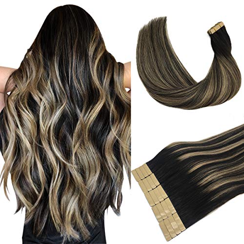 Doores Human Hair Extensions Tape in Ombre Natural Black to Light Blonde 22 Inch 20pcs 50g Tape in Hair Extensions Real Hair Extensions Straight