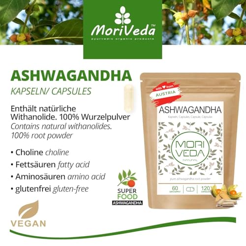 Ashwagandha Kapseln I höchste Bioverfügbarkeit I Withania Somnifera Wurzelpulver | Stress, Schlaf, innere Ruhe, Gelassenheit | Vegan, Laborgeprüft & Ohne Zusatzstoffe, ohne Magnesiumstearat | 120Stk