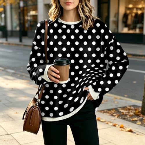 Womens Crew Necks Sweatshirts Waffle Knit Long Sleeves Polka Dot Sweatshirt - image 5