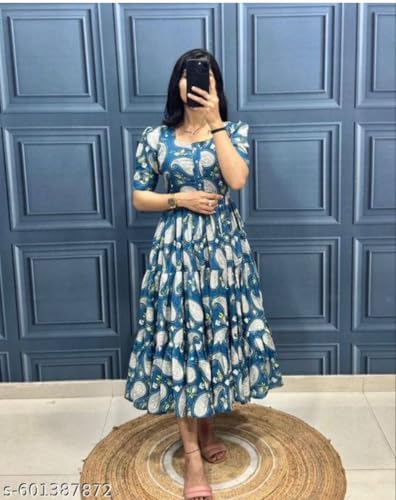 Image of Modestouze Attires Women's Paisley Pattern Rayon Midi Dress with Half Puff Sleeve Round Neck Calf Length and Pull On Closure Type