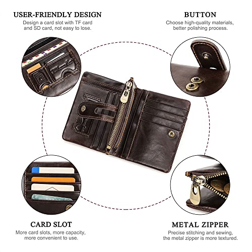 Contacts Bifold Wallet Leather AirTag Purse for Women Men Minimalist Small Coin Card Zipper Pocket with RFID Blocking (Coffee)4