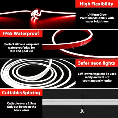 Image of 16.4 Feet Neon LED Strip Light | 12V Adapter, Waterproof IP65, Silicone Flexible Rope Light for Home Wall Decor & Gaming Room| Led Strip Lights | Neon Lights 5 Meter | (Red)