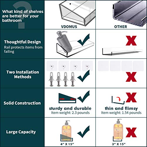 Vdomus Acrylic Bathroom Shelves, Wall Mounted No Drilling Thick Clear Storage & Display Shelving, 2 Pack #TOP1