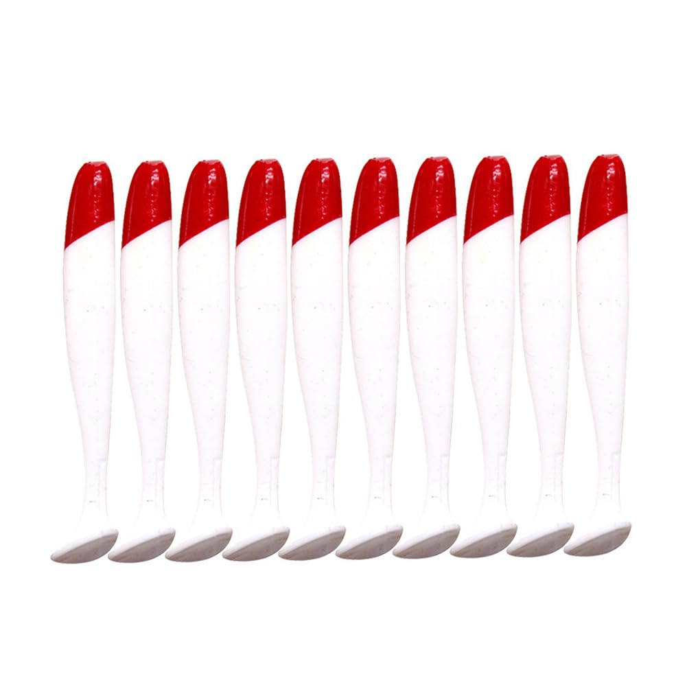 Kexpery 10pcs Simulation Paddle Tail Bait 5.5/6.3/7cm Head Red Body White T Tail Bait Steering Wheel T Tail Fishing Lure Fishing Accessories (2.5")