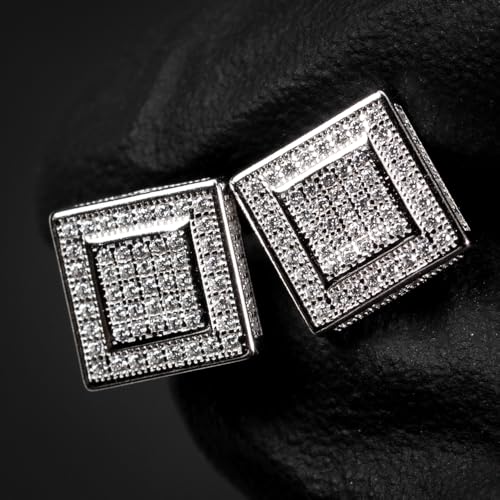 Men’s Micro Pave 3D Iced 5A Cz Halo Square White Gold 925 Sterling Silver Hypoallergenic Hip Hop Screw Back Post Stud Earrings For Men Women2