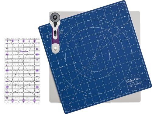 The Quilted Bear 12" x 12" Self-Healing Rotating Cutting Mat with 6.5" x 12" Non-Slip Quilting & Sewing Ruler & 45mm Ergonomic Soft Grip Rotary Cutter - Blue - Image 2