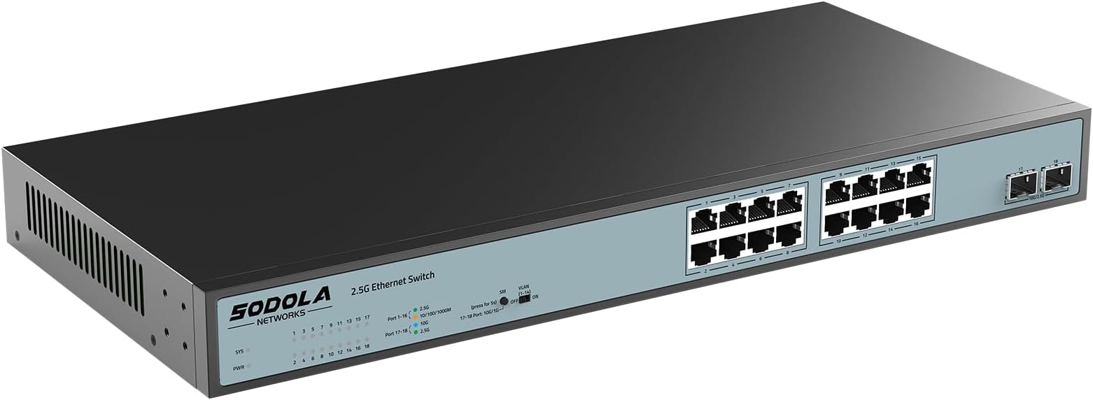 SODOLA 16 Port 2.5G Easy Web Managed Switch,16x 2.5G Base-T Ports, 2 x 10G SFP+, Link Aggregation/QoS/VLAN/IGMP,1U Mounted 2.5Gb Network Switch