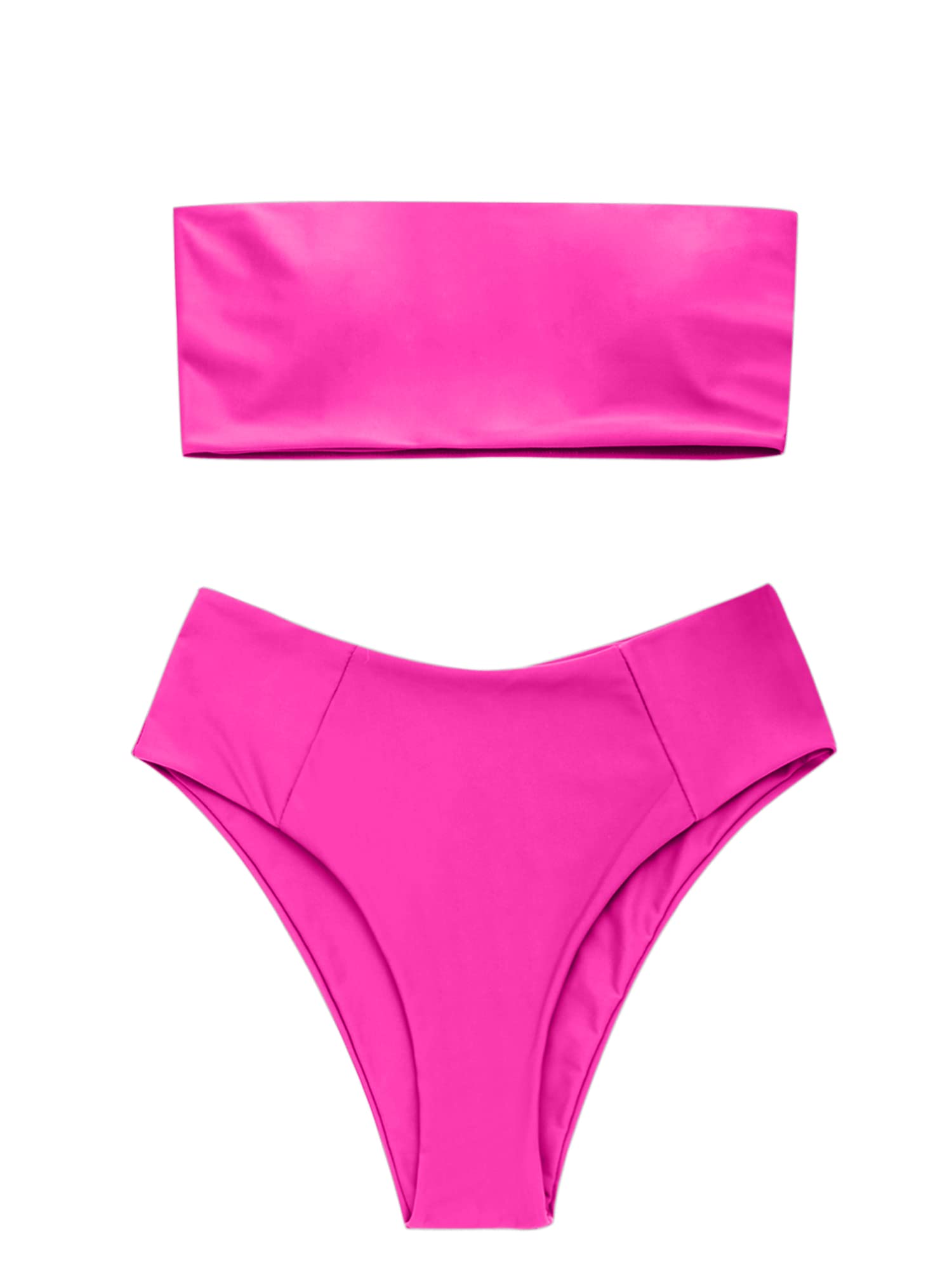ZAFUL Women's High Cut Bandeau Bikini Set Strapless Solid Color 2 Pieces Bathing Suit Swimsuit (4-Rose Red,S)