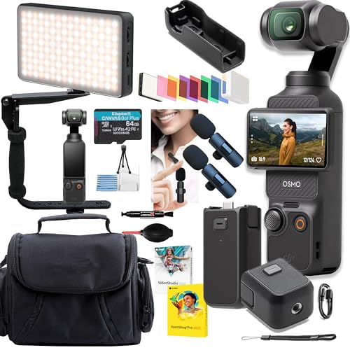 DJI Osmo Pocket 3, Vlogging Camera, 4K/120fps Vlog Camera, 3-Axis Stabilization, Face/Object Tracking, + 64GB Memory, 2pc Mic, LED Video Light, Stabilizer, Software + More (Pro Vlogging Bundle)
