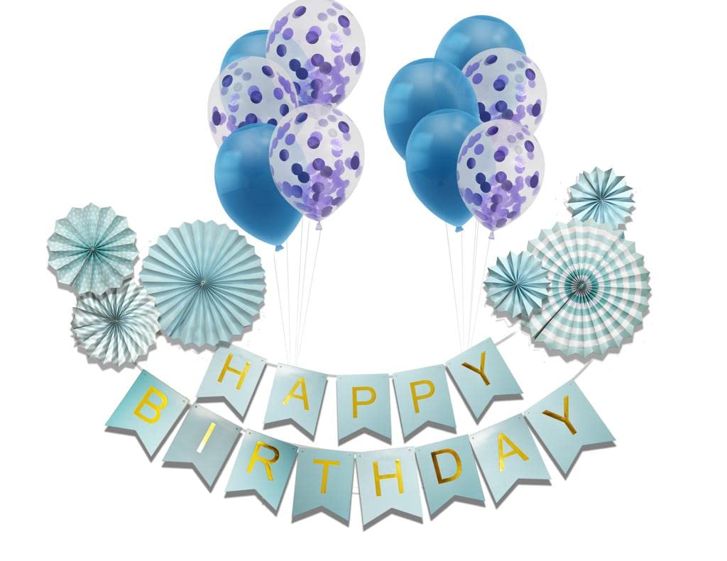 Blue Happy Birthday Banner & Balloons Set Party Hanging Paper Fans Birthday Banner Confetti Balloons & Plain Balloons Set For BOYS BLUE BIRTHDAY BANNER SET