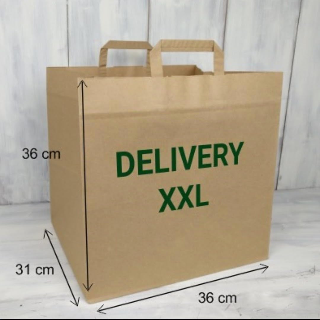Genérico Bolsas De Papel Kraft. Bolsa Transporte Comida. Bolsa Grande 36 x 31 x 36 cm. Pack de 125 Unidades. Delivery. Take Away. Asa Plana. Base Reforzada. Pizzas Tartas