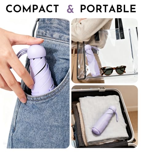 Image of LILAC Mini Travel Umbrella for Rain - 43 inch Large Coverage Small Compact Umbrella, Reinforced Strong Frame, Lightweight Portable Parasol with UPF 100+ UV Protection, Gifts for Adults, Seniors & Students