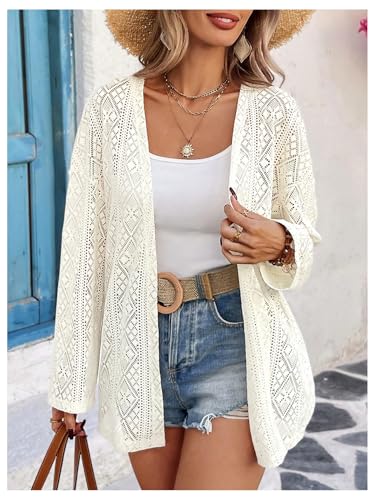 OYOANGLE Women's Crochet Cardigan Long Sleeve Open Front Lightweight Sweater Outerwear2