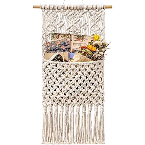 HUOGEE Tapisserie murale en macramé 27 cm (W) × 82 cm (L) Lvory Boho Style décoration murale porte-magazine fait à la main Organiseur de rangement en coton