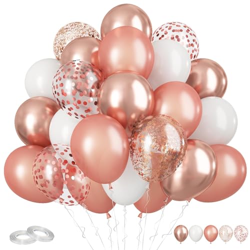 Image of FunHot Rose Gold and White Balloons, 60Pcs Pearl Rose Gold Balloons, 12 Inch Metallic Rose Gold Confetti Balloons Helium Rose Gold Latex Balloons for Baby Shower Wedding Birthday Party Decorations