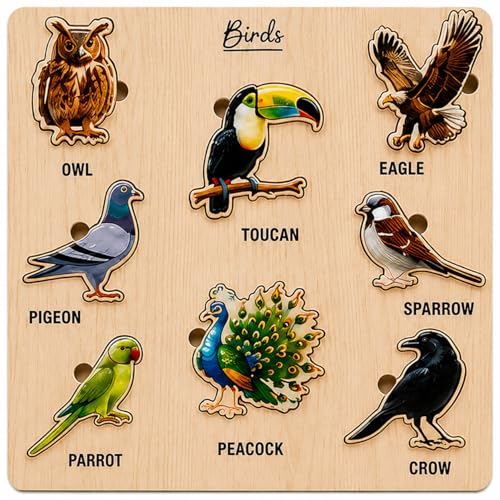 Image of Wooden Name Puzzle for Toddlers 2+ Years | Montessori Letter Matching & Name Recognition Learning Toy | Alphabet Educational Puzzle for Preschool Boys & Girls (Birds)