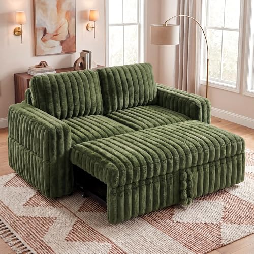 Image of HONBAY Plush Corduroy Loveseat Sleeper Sofa,Modular Pull Out Sofa Bed,Couches for Living Room,Plush Green