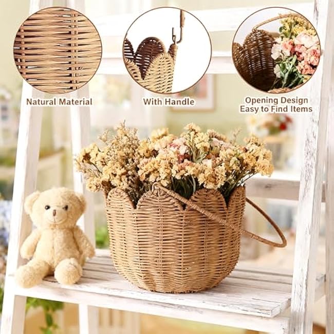 Scalloped Edge Round Basket with Handle, Super Sturdy Wicker Storage Baskets, Hand Woven Basket for Shelves,Natural Baskets for Organizing (Brown Rattan, 10.2*10.2*7.3)