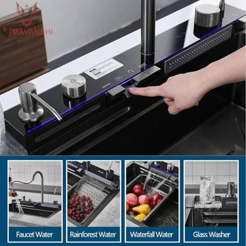 Image of Kitchen Sink 304 Grade Anti Scratch Design with Integrated Waterfall and Pull-Down Faucet Set and All Accessories All in One Stainless Steel Sink for Kitchen (Digital (30X18X9))