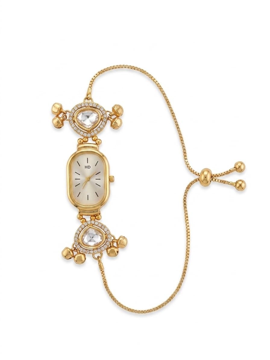 HD Gold-Plated Oval Bracelet Watch, Kundan Style, Traditional Kashmiri Design, Adjustable Chain-picture-22