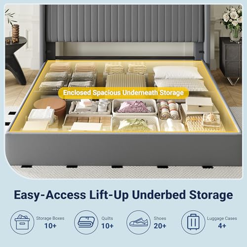 Image of Allewie King Size Lift Up Storage Bed Frame Channel Tufted Headboard Grey