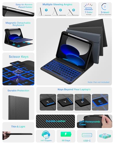 Image of typecase Folio Keyboard Case for iPad 10th Gen 10.9 inch (2022) and iPad 11th (A16, 2025), Magnetic Wireless Detachable Keyboard, 7-Color Backlight, Thin & Light, Pencil Holder - Carbon Fiber
