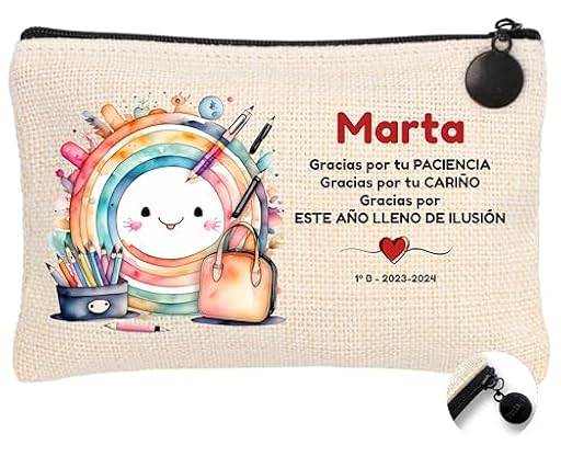 Worfull - Neceser Personalizado - Mujer Personalizado - Estuche Maquillaje. Neceser Viaje- Estuche lapices-Profesora Primaria-Tejido Lino. 23,5x15cm. c/Tirador - Varios diseños. (Arcoiris LAPICERO) | Ya disponible en tu tienda friki favorita! En mundofriki.es!