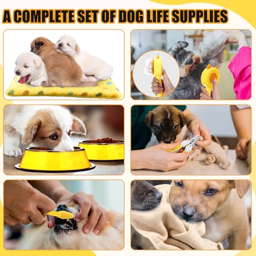 Abbylike 50-teiliges Welpenzubehör-Starter-Set für kleine Hunde, enthält Leine, Näpfe, Zahnbürsten, Wasserflasche und mehr Zubehör für Hunde, Willkommensgeschenk (gelb)