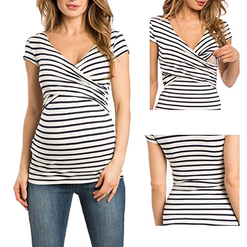 Buliezy Blusa de Maternidad, Camiseta de Lactancia Materna, Camiseta sin Mangas, Cuello en V, Rayas Blancas y Negras, Ropa de