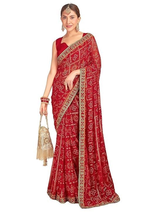 VivatraWomen's Georgette Bandhani Printed Sequence Embroidery Lace Saree With Unstitched Blouse Piece