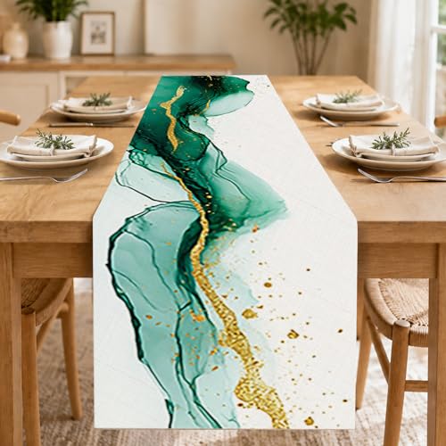 Image of Nuxovilar Teal Gold Fluid Table Runner Flax 13x72 in | Holiday Runner Flax Placemats Dining Accessories Set Artistic Dinner Room Space Area (Teal Gold Fluid)
