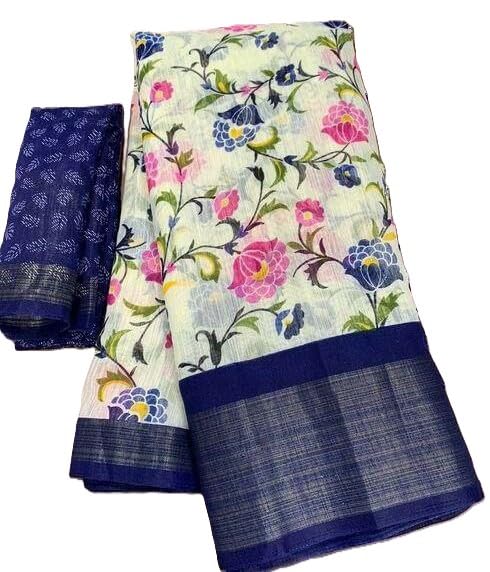 Cotton Floral Print Saree with Silver Zari Border