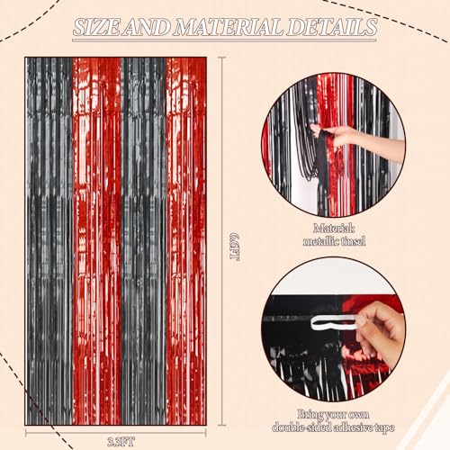 Image of DECOCKRAT 2 Pack Foil Fringe Backdrop - Red&Black Shiny Tinsel Curtains for Party Decoration /Photo Booth Props - 3.3x6.6 FT Metallic Foil Backdrop for Birthday, Wedding, Graduation, Christmas.